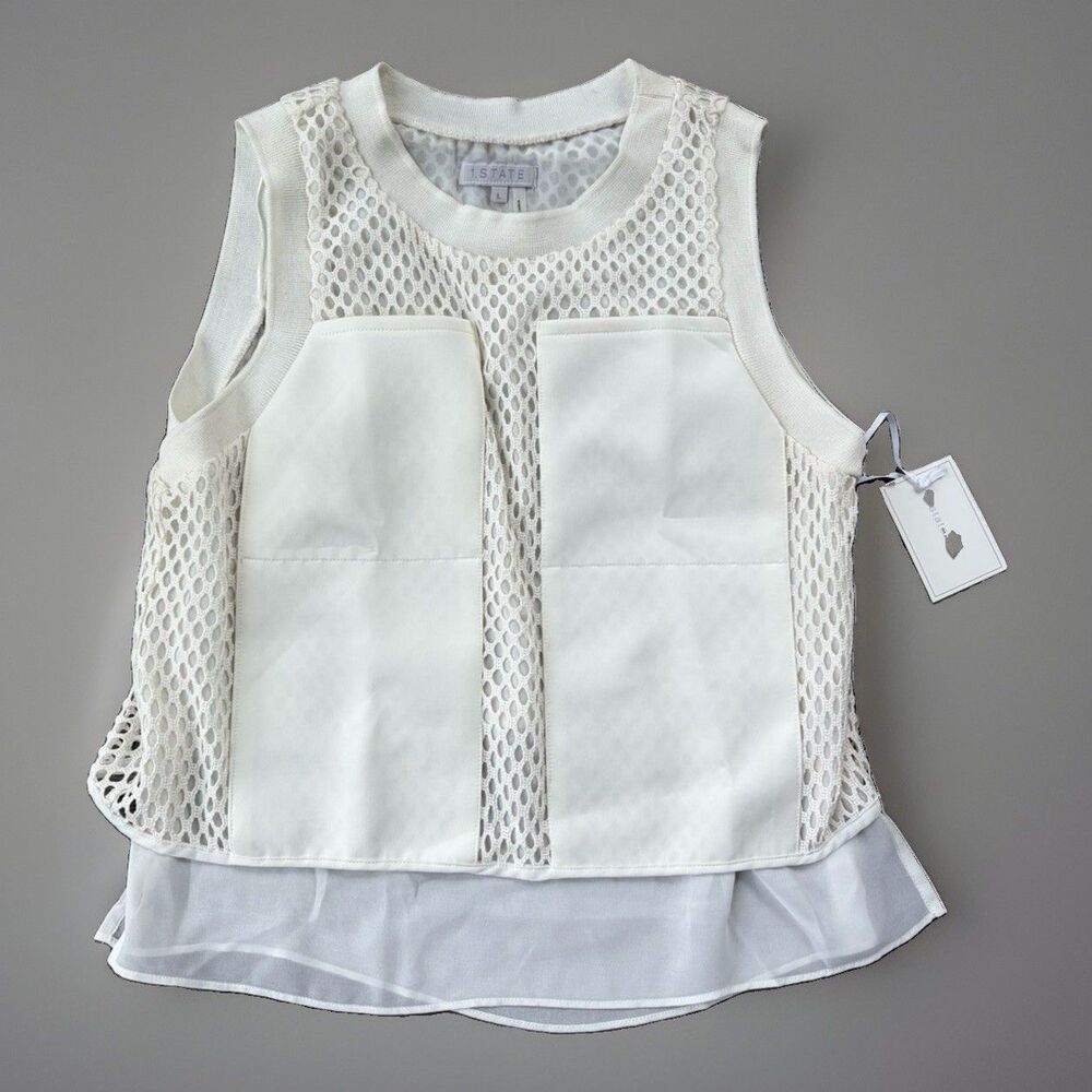 1.STATE Womens Mesh Knit Tank Top White Layered Blouse Sleeveless Size L NWT